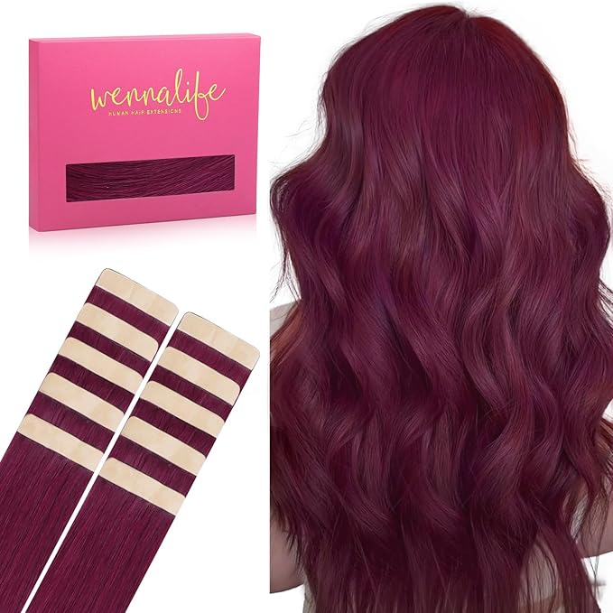 WENNALIFE Tape in Hair Extensions Human Hair Light Burgundy Tape in Extensions, 10pcs 25g 18 inch Remy Invisible Tape Ins Straight Colored Soft Real Human Hair Tape in Extensions Refill Set Extensions