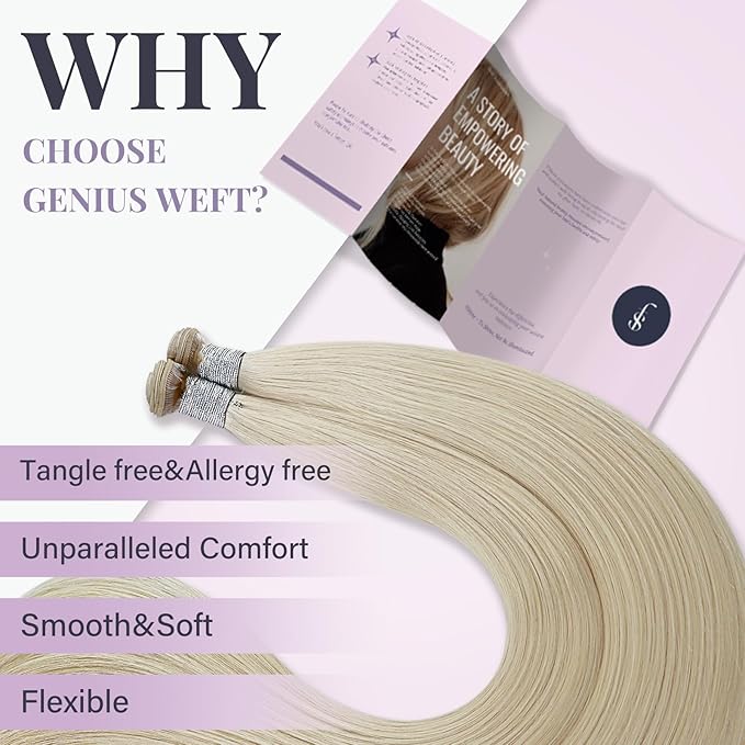 Fshine Genius Weft Hair Extensions Human Hair, White Blonde, 14 Inch,Hand Tied, Real Human for Women 50 Gram