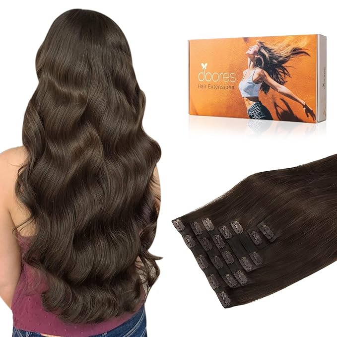 DOORES Seamless Clip in Hair Extensions Real Human Hair, Light Dark Brown 150g 7pcs 22 Inch Virgin Clip in Hair Extensions, Invisible Edge Clip in Hair Extensions, Straight Natural Hair