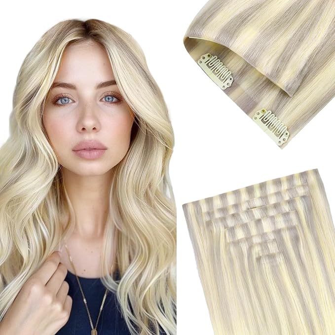 GOO GOO Invisi Edge Clip in Hair Extensions 18inch 140g 7Pcs Injected Seamless PU Clip in Hair Extensions, Virgin Real Human Hair, 17/22/60 Ash Blonde to Golden Blonde and Platinum Blonde