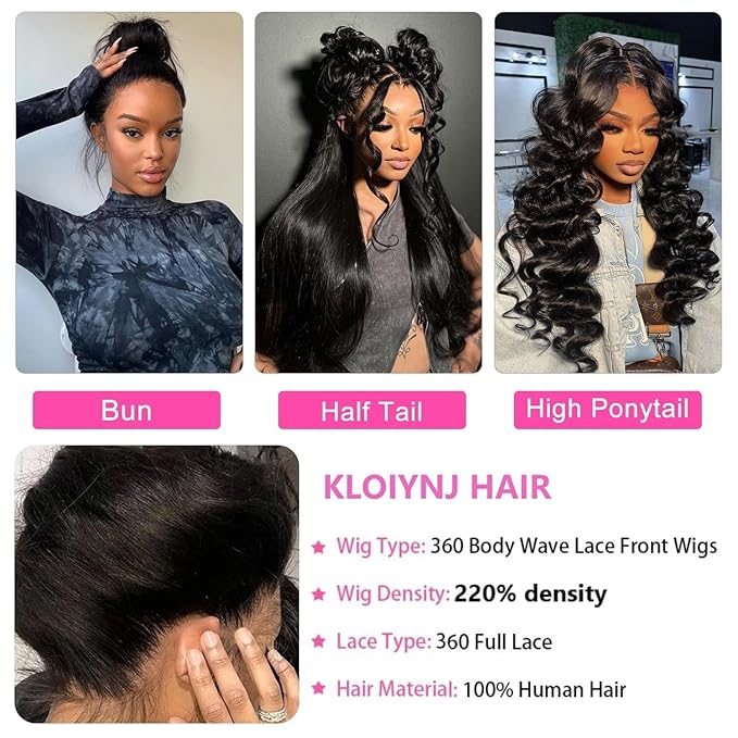360 Lace Front Wig Human Hair 220% Density Body Wave HD Brazilian Virgin Full Lace Wig for Women 22 Inch Pre Plucked With Baby Hair Natural Color