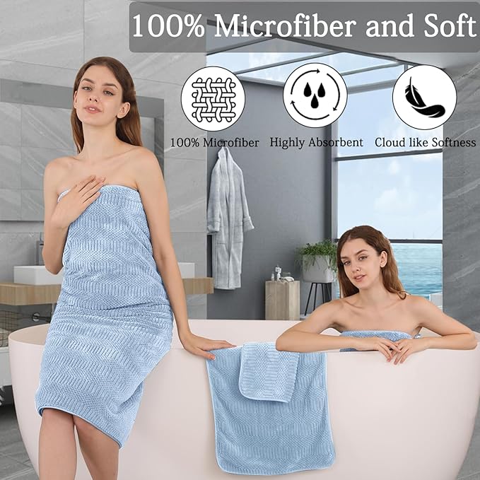 Ycosy 4 Pack Extra Large Microfiber Bath Towels Set,35x70 inches,600GSM,Less Lint Highly Absorbent Super Soft & Quick Dry,Oversized Bath Towels,Perfect for Bathroom Gym Pool,Blue