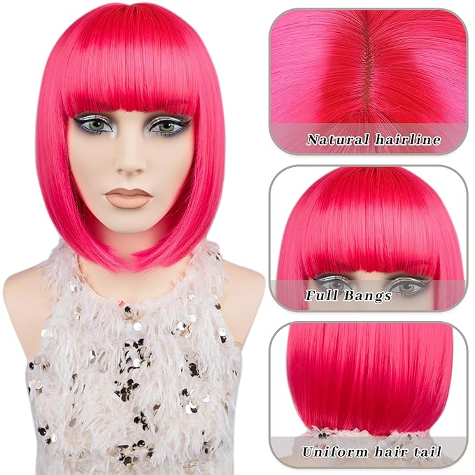 MAYSA Hot Pink Bob Wig with Bangs for Women Short Straight Bob Wigs 12in Synthetic Cosplay Halloween Party Neon Wigs # Hot Pink