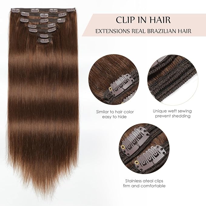 Sisily Clip in Hair Extensions Real Human Hair, 20 inch 160g, Chocolate Brown, 100% Brazilian Remy Human Hair Clip in Extensions Soft Straight 7pcs Per Set with 16 Clips Double Weft