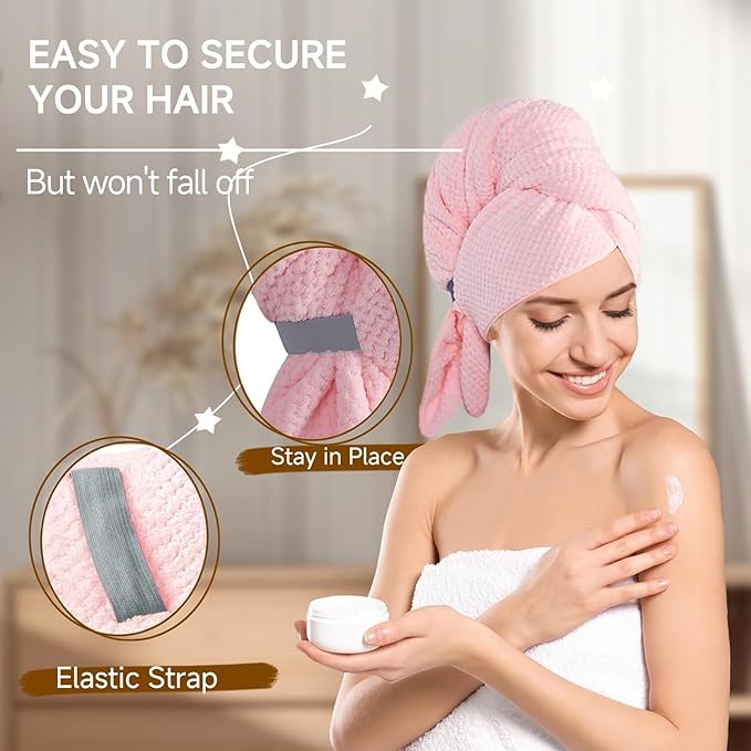 Large Microfiber Hair Towel Wrap & Satin Bonnet Set for Women, Ultra Absorbent Turban 24x42 Inches & Adjustable Night Cap for Curly Hair, Prevents Frizz & Breakage, Stocking Stuffers