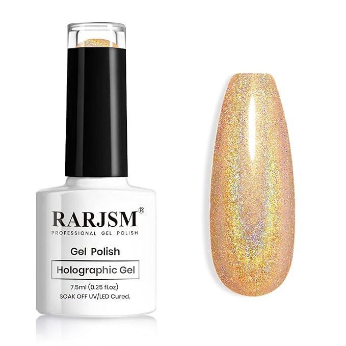 RARJSM Holographic Nail Polish Shimmer Gold Gel Polish Unicorn Effect Nail Gel 7.5ML Curing Required Nail Art Colors Home GelManicure