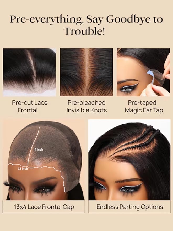 Julia Hair Pre Everything Glueless Wig Human Hair Yaki Straight 13x4 HD Lace with Ear Tape Bye Bye Knots Lace Front Wigs for Women Pre Bleached Invisible Knots Put On and Go Wig 22 Inch