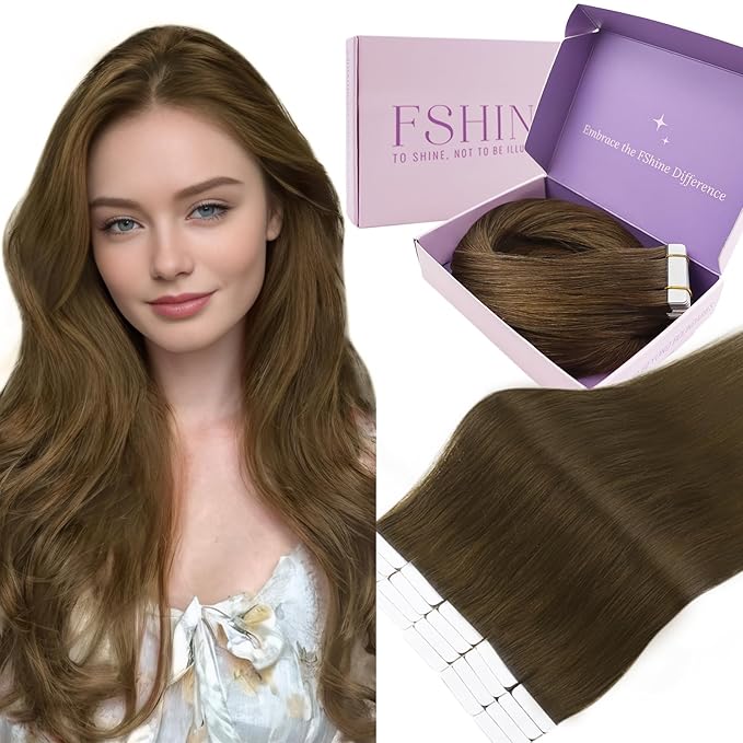 Fshine Tape In Hair Extensions Human Hair Medium Brown Long Straight for Woman, Party And Performance 24 Inch 50 g 20 pcs,for Brides & Bridesmaids