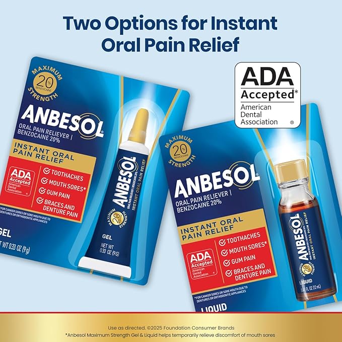 Anbesol Maximum Strength Liquid, Instant Oral Pain Relief for Toothaches, Mouth Sores*, Gum, Braces & Denture Pain, ADA Accepted, 0.41 oz
