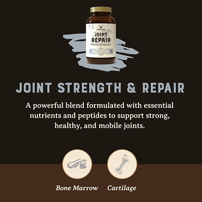 Heart & Soil 100% Grass Fed & Finished Joint Support Supplement from Regenerative Cattle with Trachea, Scapula & Bone Marrow – Supports Joint Strength & Mobility – 3000mg – Glass Bottle – 180 Capsules