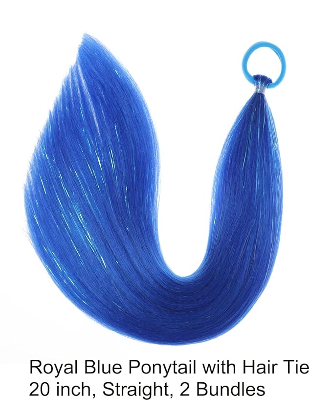 Colored Hair Extensions Royal Blue Ponytail Extension 2 Packs, 20 inch Crazy Hair Day Accessories for Women, DIY Festival Wacky Rave Braids, Tinsel Mixed