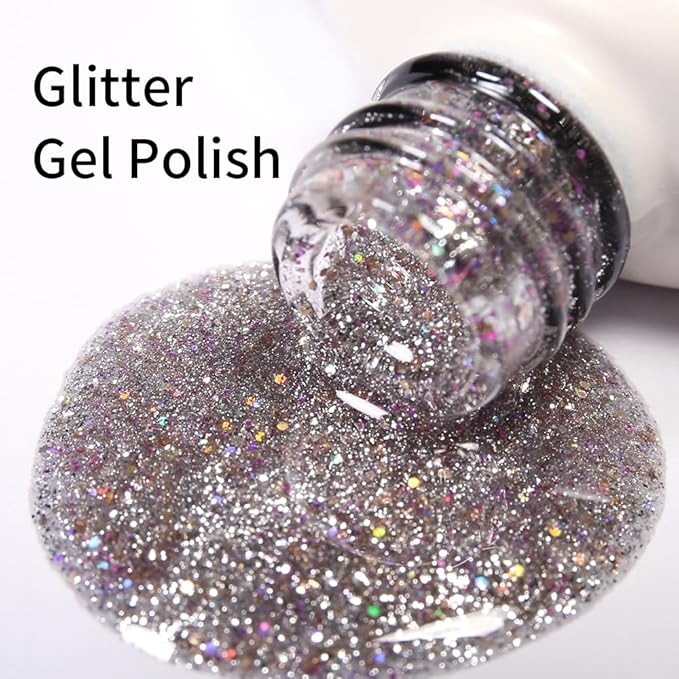 Silve Gel Polish Glitter Hema Free 0.34 OZ Same Color Same Top Cover Reflective Sparkle UV Polish Christmas Manicure Nail Art DIY