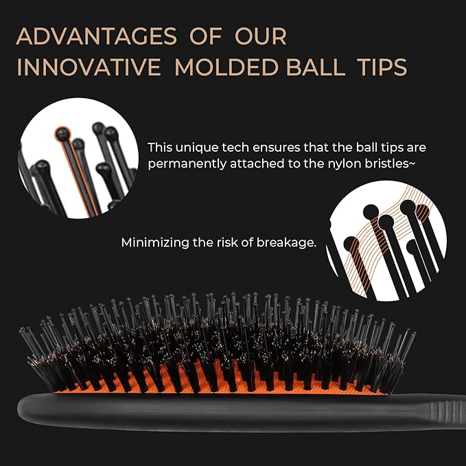 Hair Brush, Nylon and 100% First Cut Soft Boar Bristle Brush for Women Men Kids - Suitable for Fine/Thick/Long/Curly/Thinning/Wet/Dry Hair,Smooths Frizz and Enhance Shine & Salon-Quality