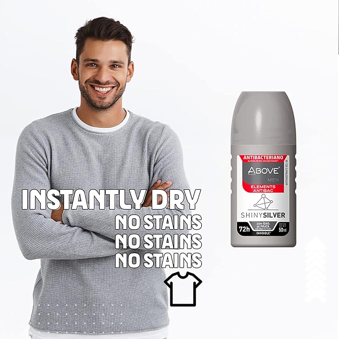 ABOVE Roll-On Elements, Shiny Silver, 1.7 oz - Ball Deodorant for Men - 72-Hour Protection - Sensual Fragrance - Dry Touch - No Stains