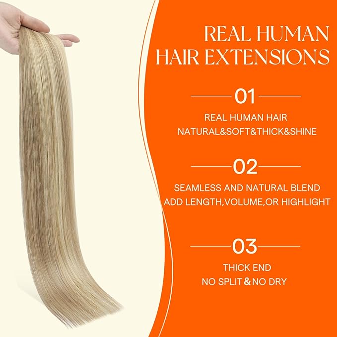 Full Shine Tape in Hair Extensions Injected Real Human Hair 20 Inch Color 16 Golden Blonde Highlight 22 Medium Blonde Natural Skin Weft Thick Tape in Extension 50 Grams 20Pcs Straight for Wedding