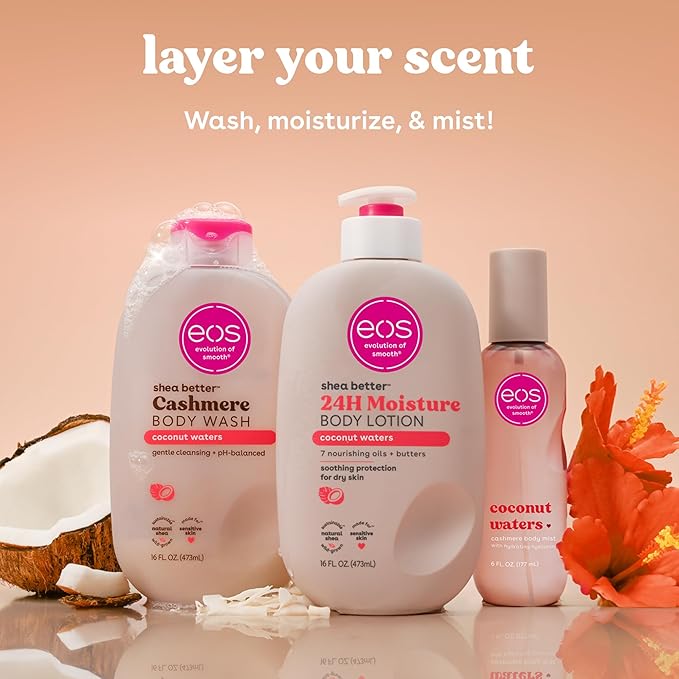 eos Cashmere Body Wash – Coconut Waters, Moisturizing Body Wash, Creamy Gel Formula, with Shea Butter, Glycerin, Vitamin E, pH Balanced, Sensitive Skin, Vegan, 16 fl oz