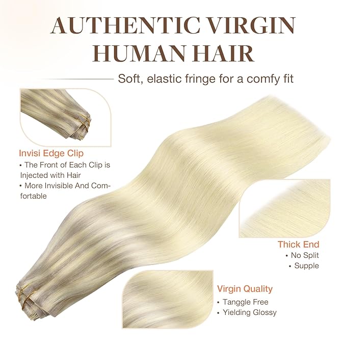 GOO GOO Invisi Edge Clip in Hair Extensions Set, 14inch 110g, 5pcs Injected Seamless PU Clip ins and 2pcs Classical PU Clip ins, Virgin Real Human Hair, #(T17/22) P60