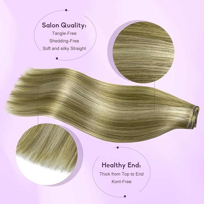 Blonde Clip in Hair Extensions Real Human Hair 8pcs Per Set with Double Weft 100% Seamless Blonde Hair Extensions for Women #8p613 Mixed Bleach Blonde 16inch 90g/3.2oz