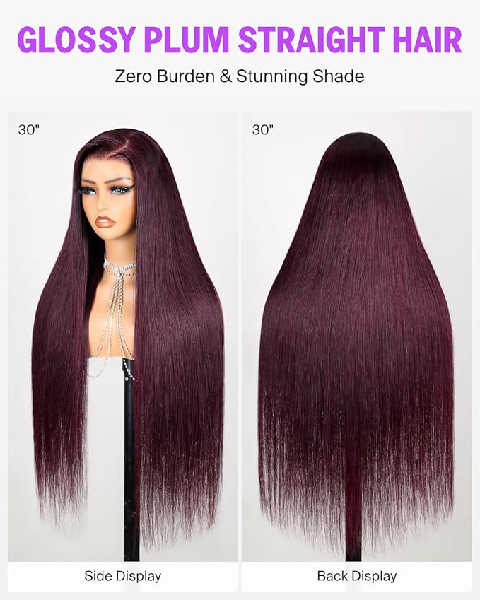 6x5 Glueless Wigs Human Hair Pre Plucked Pre Cut Purplish 99J Burgundy Lace Front Wigs Human Hair 220% Density Straight Wig Human Hair Bleached Knots 30 Inch