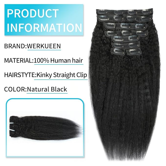 Kinky Straight Clip in Hair Extensions Seamless Clip ins Hair Extensions Real Human Hair Yaki Straight Real Human Hair for Black Women Natural Black 8Pcs 100g 20 Clips