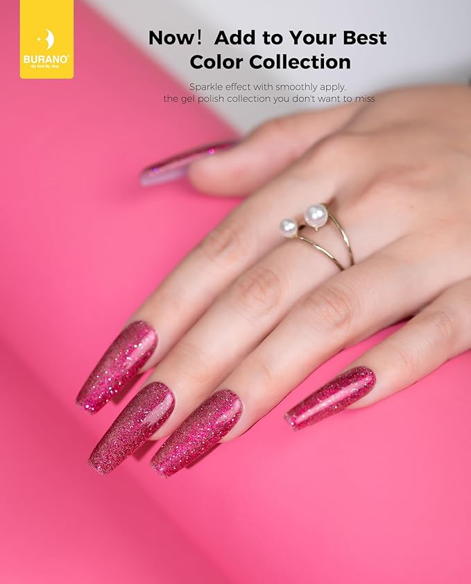 BURANO Glitter Nail Polish, LED UV Shimmer Holographic Effect Soak Off, No Chip Sparkle Gel for Home DIY Nail Salon (Rose LP50)