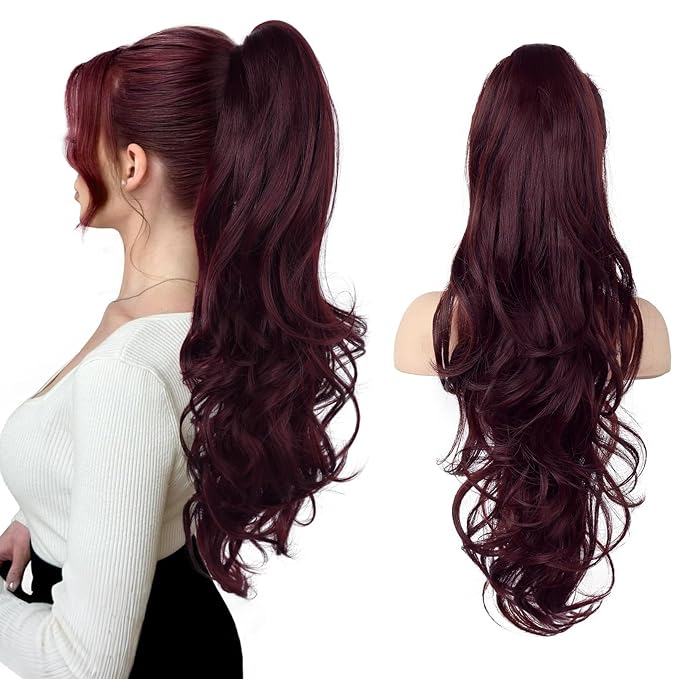 FLUFYMOOZ 26" Ponytail Extension, Long Wavy Curly Claw Clip in Ponytail Hair Extensions, Natural Synthetic Hairpiece for Women Daily Wear(Ombre Burgundy)
