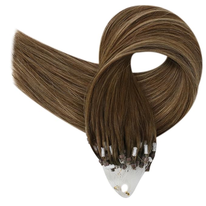 Fshine Micro Ring Human Hair Extensions - Middle Brown Fading to Caramel Highlight, Remy Micro Loop, 20 Inch 50g Balayage Straight Hair