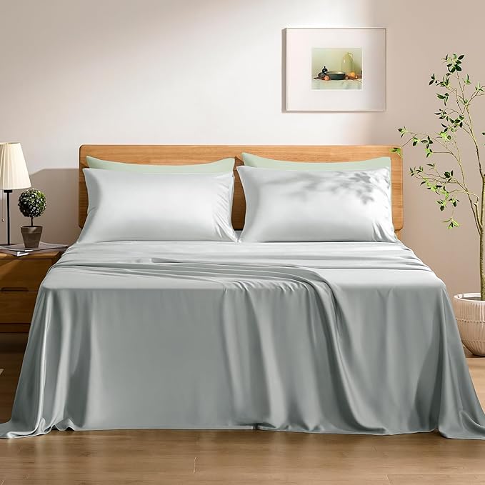 TOSMO Luxury Cooling Sheet Set - 100% Viscose from Bamboo, 4-Piece Bedding Set (Cal King Size) - 18” Extra Deep Pockets, Oeko-Tex Certified, Silky Soft and Breathable, Sliver