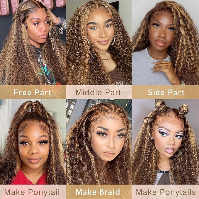 Highlight 13x4 HD Lace Front Wigs Human Hair 4/27 Deep Wave for Black Women 180 Density Ombre Honey Blonde Curly Glueless Lace Frontal Wigs Human Hair Pre Plucked (32inch)