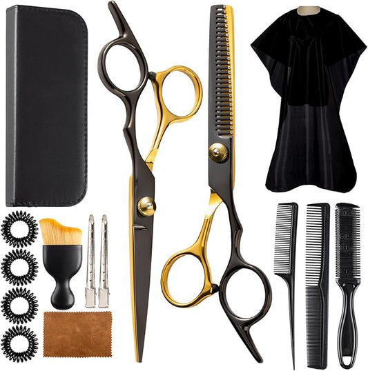 15 pcs Hair Cutting Scissors Professional, Thinning Shears for Hair Cutting, Black Gold Stainless Steel Barber Scissors, Lengnoyp Haircut Scissors Hair Cutting Kit for Women, Men