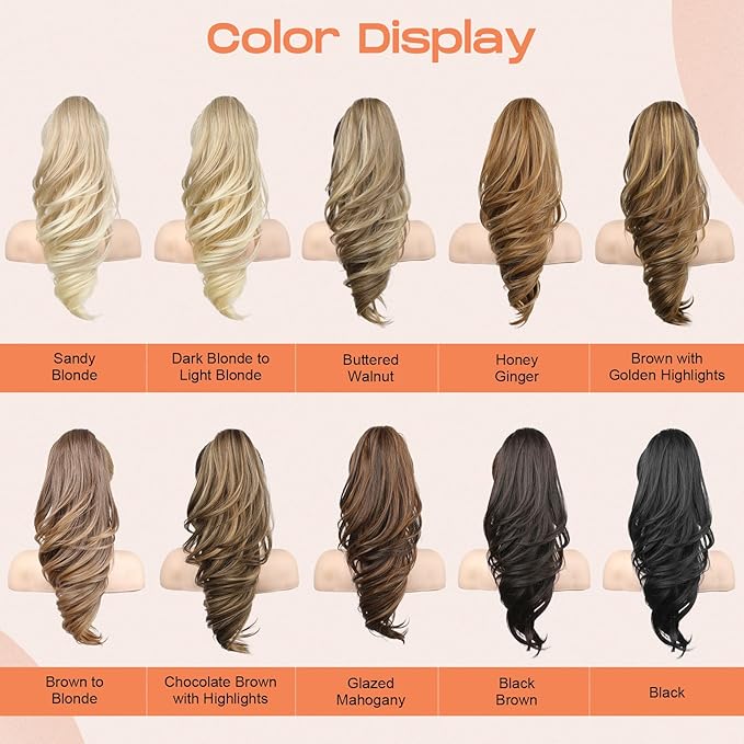 SEIKEA Ponytail Extension, 18" Wavy Claw Clip in Hair Extensions for Women, Lightweight Fluffy Synthetic Ponytail Hairpiece, Natural Soft & Easy to Wear, for Short & Medium Hair Sandy Blonde