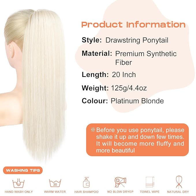 SEIKEA Ponytail Extensions Drawstring Long Straight Fake Pony Tail Natural Soft Clip in Hair Extension Synthetic Heat Resistant Hairpiece 20 Inch Platinum Blonde