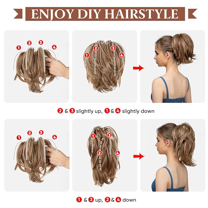 CJL HAIR Claw Clip Short Ponytail Hair Extensions DIY Bendable Metals Messy Bun Hair Piece for Wonen Straight Synthetic Fake Hairpieces Salt and Pepper