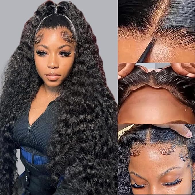 Wear and Go Glueless Wigs Human Hair Pre Plucked Pre Cut 5x5 HD Closure Wigs Human Hair Deep Wave Lace Front Wigs for Black Women 210% Dentisy 12A Deep Curly Glueless Wig Bleached Knots (16 Inch)