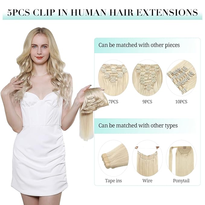 DOORES Hair Extensions Clip in Human Hair, 5pcs 80g Light Blonde Highlighted Golden Blonde Balayage 18 Inch Real Clip in Extensions Remy Hair Extensions Natural Straight
