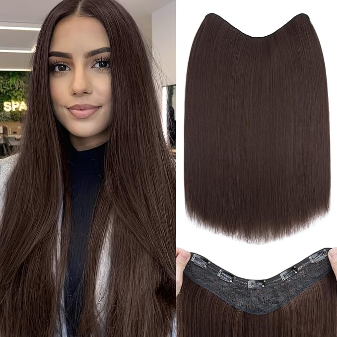 S-noilite One Piece Clip in Hair Extensions 18 Inch U-Shaped One Piece Hair Extensions Weft with 5 Clips Synthetic 3/4 Full Head Long Straight Medium Brown Thick Hairpieces for Women,#10B