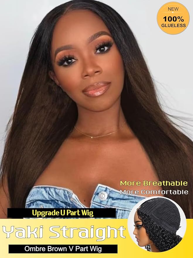Sunber Ombre Chestnut Yaki Straight V Part Human Hair Glueless Wig Upgrade U Part Wig No Leave Out Vpart light yaki straight Machine Made Clip In Half Wigs No Leave Out Real Scalp V Shape 24Inch