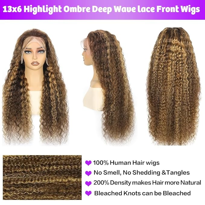 34 Inch Honey Blonde Wig Human Hair 13x6 HD Transparent Ombre Lace Front Wig Human Hair 4/27 Deep Wave Wig Glueless Curly Wigs for Women