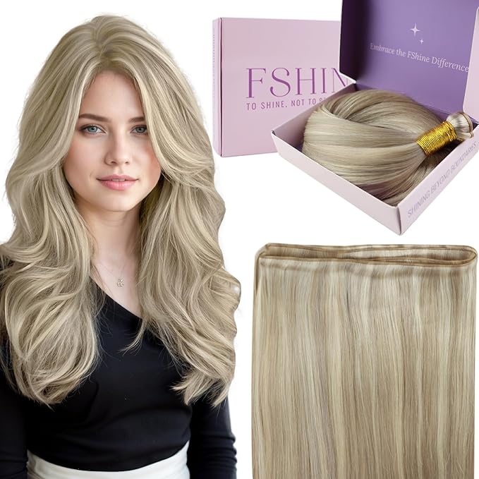 Fshine Hand Tied Genius Weft 20 Inch 60g Real Human Hair Genius Weft Ash Blonde Highlight Platinum Blonde Sew in Real Human Hair Extensions for Women Natural Human Hair