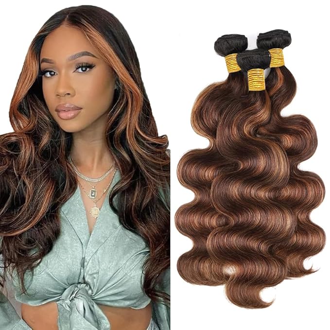30 30 30 Inch Highlight Human Hair Bundles P4/30 Body Wave Bundle Brazilian Virgin Hair 3 Bundles Brown Bundle Soft and Shiny Hair Weave