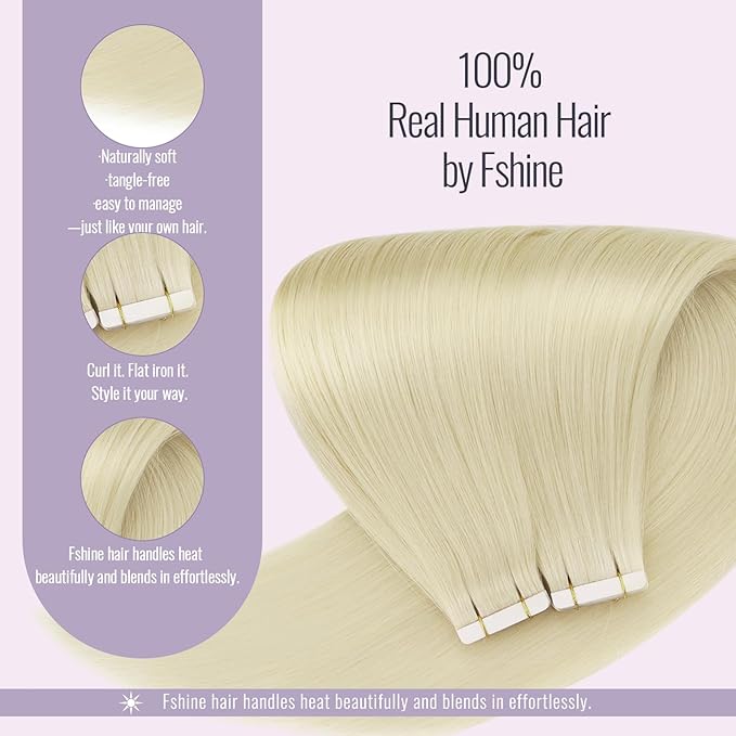 Fshine Tape in Extensions Real Human Hair White Blonde Hair Extensions Tape in Remy Human for Women 16 Inch 20 pcs 50 g, Designed to Boost Volume & Length