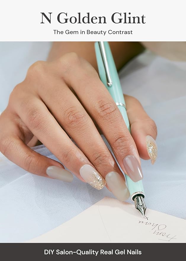 ohora Semi Cured Gel Nail Strips (N Golden Glint) - Nude/White Works with Any UV/LED Lamps, Salon-Quality, Long Lasting, Easy to Apply & Remove - Includes 2 Prep Pads, Nail File & Wooden Stick
