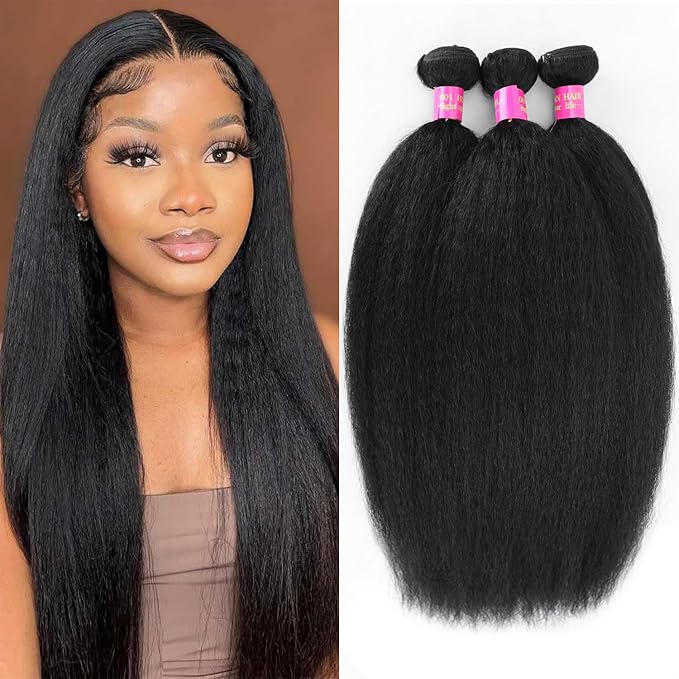 12 14 16 Inch Kinky Straight Bundles 3 Bundles Yaki Straight Human Hair Bundles 100% Unprocessed Brazilian Virgin Hair Weave Kinkystraight Human Hair Bundles Natural Black Color