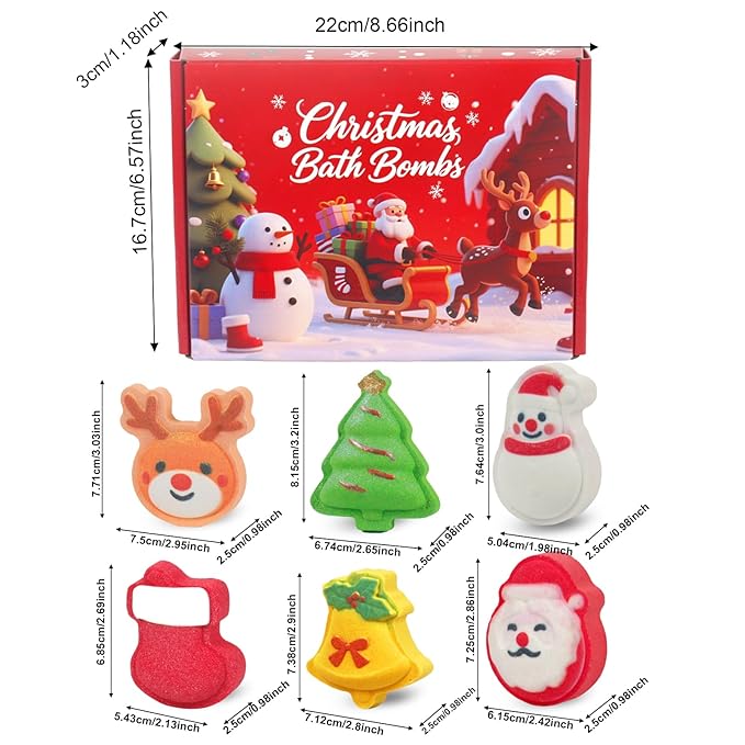 Christmas Bath Bombs for Kids & Women, Handmade Bath Bomb Gift Set of 6 Fun Shapes, Perfect Stocking Stuffers for Teen Girls & Boys, Skin Care Bathbombs as Christmas Gifts for Kids