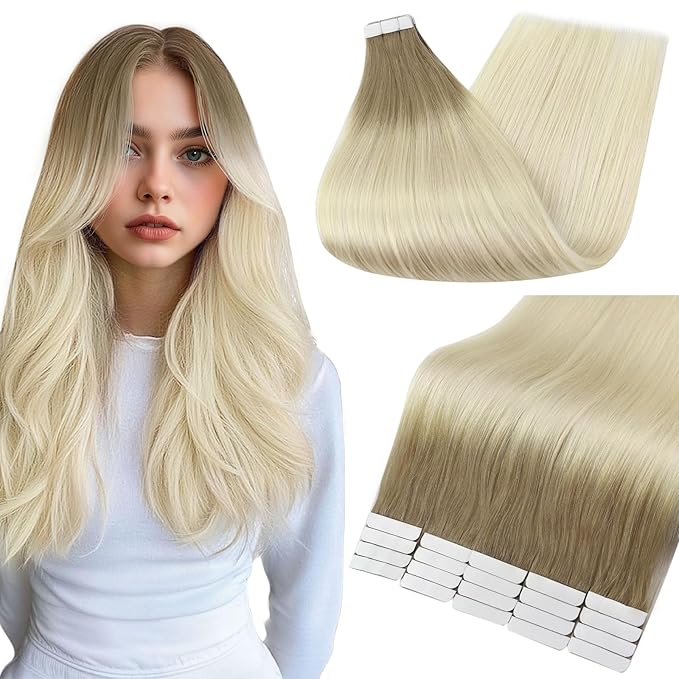 Full Shine Human Hair Extensions Tape in Color 8 Ash Brown Ombre 60 Blonde 14 Inch Invisible Straight Seamless Skin Weft Tape Ins Human Hair Extensions 20 PCS Natural Soft Remy Silky 50g for Women