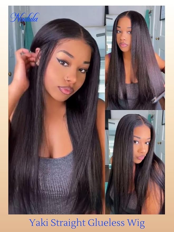 Nadula Bye Bye Knots Yaki Straight Glueless Wig Human Hair with Elastic Drawstring Pre Cut 7x5 Invisible Knots HD Lace Front Put on and Go Wigs Pre Everything Glueless Light Kinky Staight Wigs 18inch