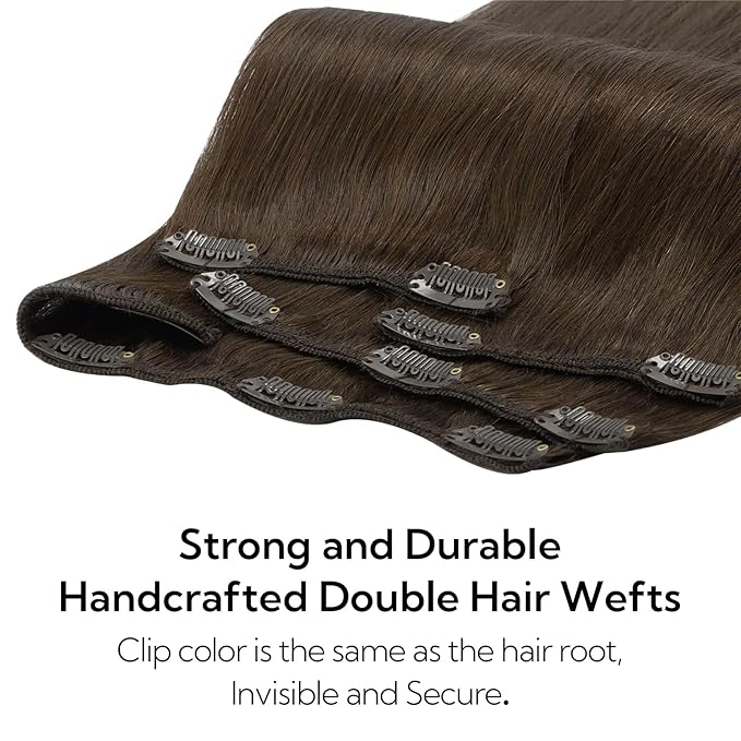 HOTBANANA Clip in Hair Extensions Real Human Hair, 150g 9pcs 24 inch Chocolate Brown Straight Remy Clip in Extensions Full Head for Women
