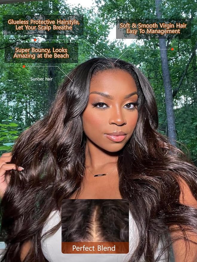 Sunber EasiContour V Part Human Hair Glueless Ombre Chestnut Brown Body Wave Wig Upgrade Vpart Wigs 180% Density No Leave Out No Gel V Shape Clip No Sew in Beginner Friendly Put On and Go 20Inch
