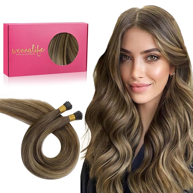 WENNALIFE I Tip Hair Extensions Real Human Hair, 100g 100s 22 Inch Balayage Chocolate Brown to Caramel Blonde Remy Itip Human Hair Extensions Invisible Itips Straight I Tips Cold Fusion Extensions