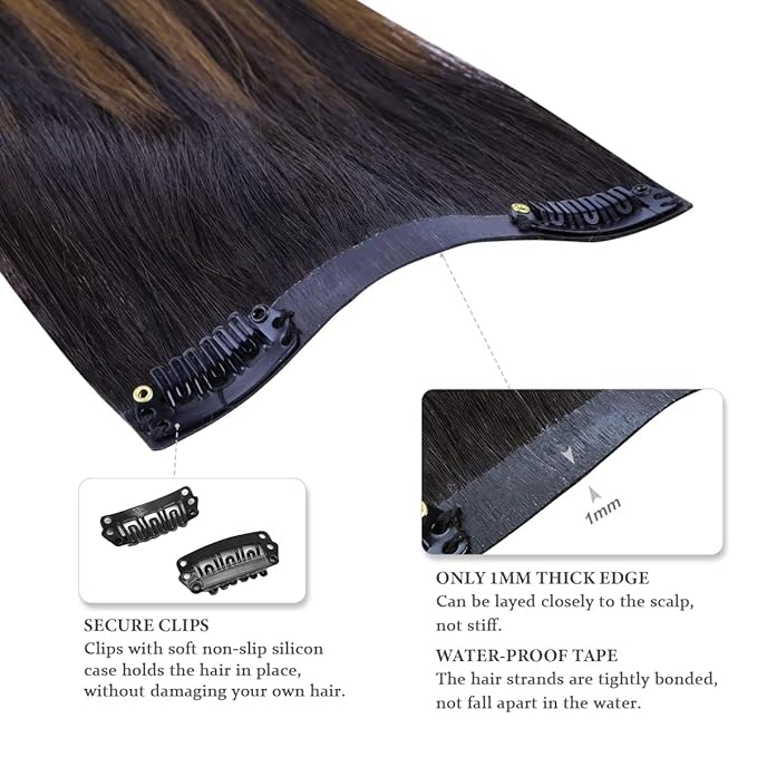 HOTBANANA Seamless Clip in Hair Extensions Balayage Dark Brown Mixed Golden Brown 18 inch 130g 7pcs Clip in Remy Human Hair Extensions Straight Hair Invisible PU Skin Weft
